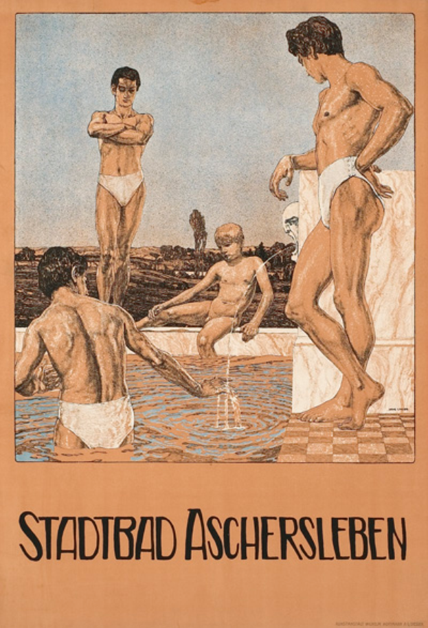 Ein Plakat bewirbt ein Schwimmbad in Aschersleben, Deutschland, mit einer Gruppe von Menschen im Wasser und einem sitzenden Menschen im Pool sowie Textinformationen über das Schwimmbad und seine Einrichtungen.