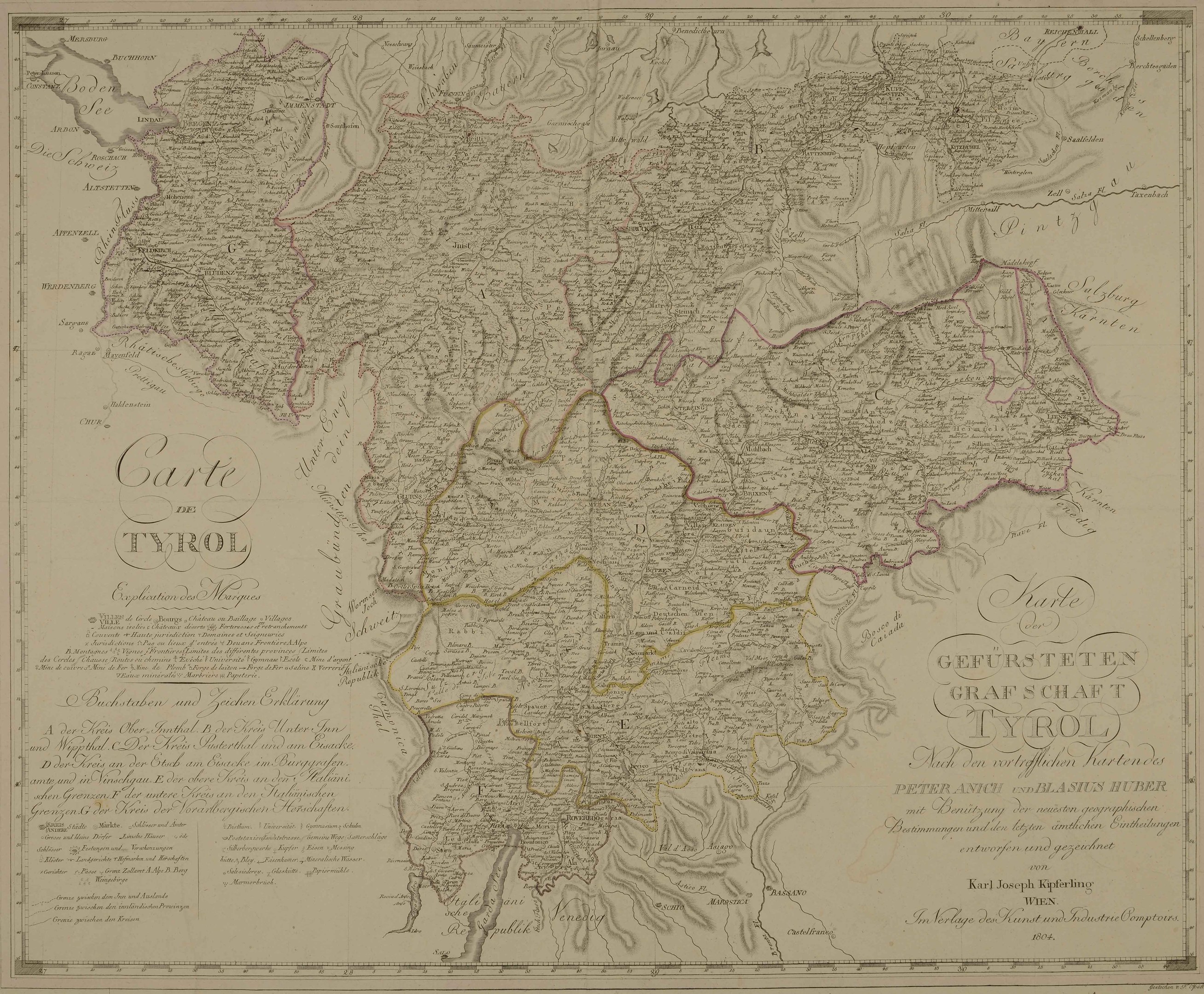 Alte detaillierte Karte von Tirol, Deutschland, mit Städten, Dörfern, geografischen Merkmalen und Text mit Bevölkerungsangaben, Straßen und Sehenswürdigkeiten.