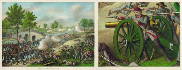 Plakat, das die Schlacht von Antietam zeigt, mit Soldaten, die stehen und liegen, einige halten Gewehre, eine Brücke und Bäume im Hintergrund, Flaggen, Rauch und ein bewölkter Himmel, mit Text unten.