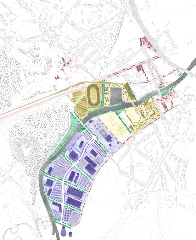 Vorgeschlagener Standortplan für die neue Stadt London, eine farbcodierte Karte, die verschiedene Stadtbereiche mit Text oben und unten zeigt.