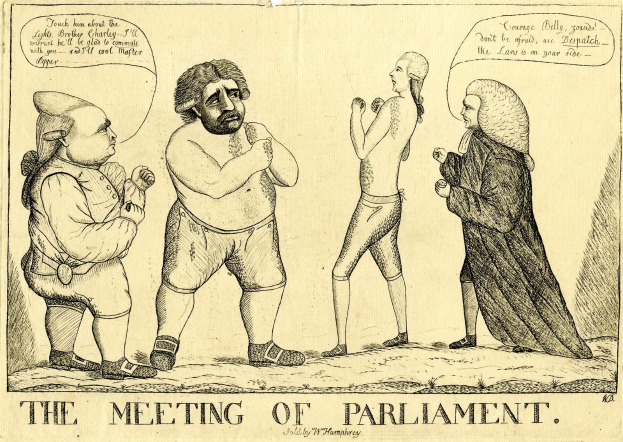 Ein Bleistift-Zeichnung mit dem Titel "Die Parlamentssitzung" zeigt drei Personen, die stehen und diskutieren, wobei eine Person lebhaft gestikuliert.