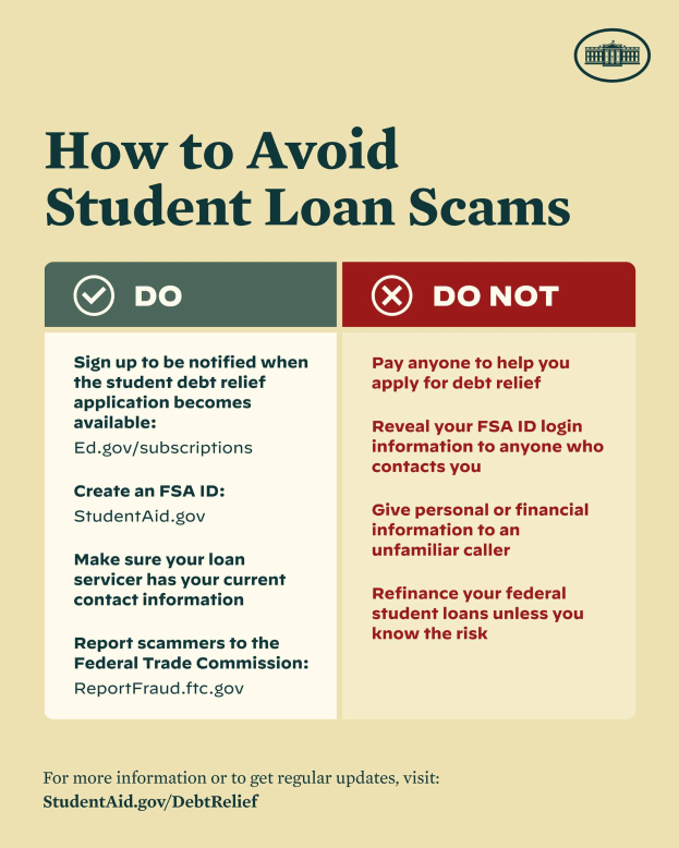 Ein buntes Plakat mit einem blauen Hintergrund und weißer fettgedruckter Schrift in der Mitte, betitelt "Wie man Studentenkreditschwindeleien vermeidet", mit einer kleinen Illustration eines Schülers mit einem Vergrößerungsglas oben rechts und einer Liste von Schritten, um Schwindeleien zu vermeiden.