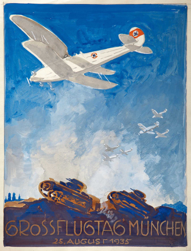 Plakat für eine Luftschau in München am 25. August 1935, das ein Flugzeug in der Vordergrund und mehrere Flugzeuge am Himmel zeigt.