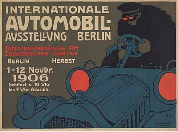 Plakat für eine internationale Automesse in Berlin mit einer Cartoon-Auto-Fahrerin.