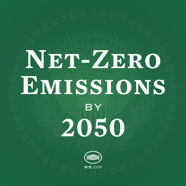 Weißer fetter Text "net-zero emissions by 2050" auf grünem Hintergrund.