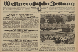 Titelseite einer deutschen Zeitung vom 13. November 1939 mit der Schlagzeile "Weitpreubliche Zeitung", die eine Gruppe von Menschen in traditioneller deutscher Kleidung zeigt.