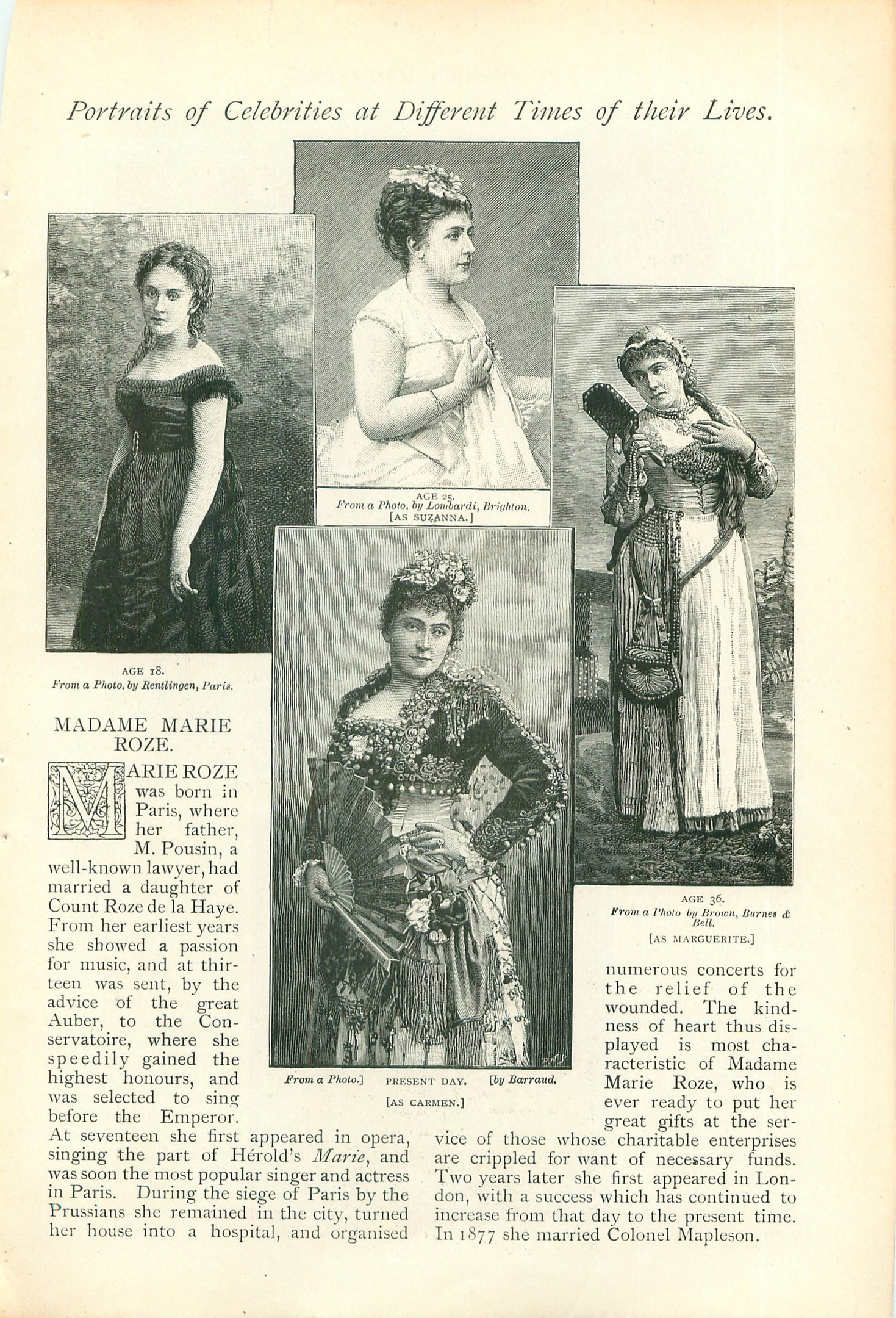 Ein Vintage-Buchumschlag mit dem Titel "Portr├Ąts von Prominenten zu verschiedenen Zeiten ihres Lebens" mit einer zentralen Illustration einer Frau in einem langen, hochgeschlossenen Kleid mit einem Dutt.