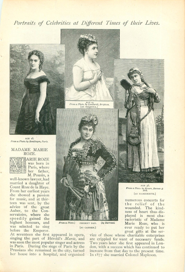 Ein Vintage-Buchumschlag mit dem Titel "Portr├Ąts von Prominenten zu verschiedenen Zeiten ihres Lebens" mit einer zentralen Illustration einer Frau in einem langen, hochgeschlossenen Kleid mit einem Dutt.