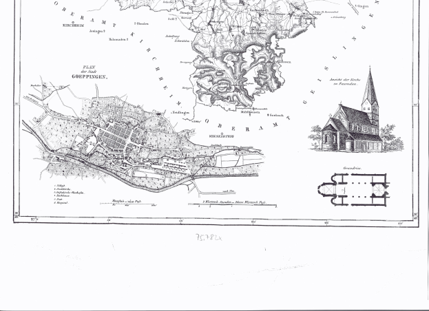 Eine Schwarz-Wei├če alte Karte von Hamburg, Deutschland, mit einer Kirche in der Mitte und darauf geschriebenem Text.