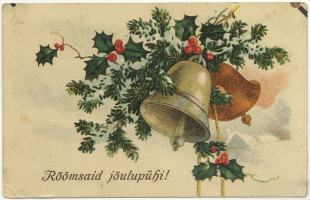 Altmodische Weihnachtskarte mit Stechpalme, Beeren und Glöckchen, mit festlichem Text.