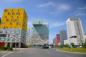 Eine Stadtstraße mit hohen Gebäuden, die als Teil der Universität Rotterdam gekennzeichnet sind, Straßenlaternen, Straßenschilder, Kraftfahrzeuge, Informationsanzeigen, Büsche, Bäume und ein bewölkter Himmel.