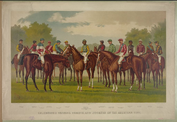 Eine Gruppe von Menschen auf Pferden auf einer grünen Wiese mit Bäumen und einem blauen Himmel, mit Text unten: "Feiernder Siegerpferde und Jockeys der American Turf."
