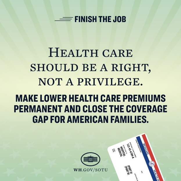 Plakat mit dem Text "Beende den Job: Gesundheit sollte ein Recht sein, nicht ein Privileg" und einer Karte mit der Aufschrift "Mache niedrigere Gesundheitspauschalen permanent und schließe die Lücke in der Gesundheitsversorgung für amerikanische Familien."