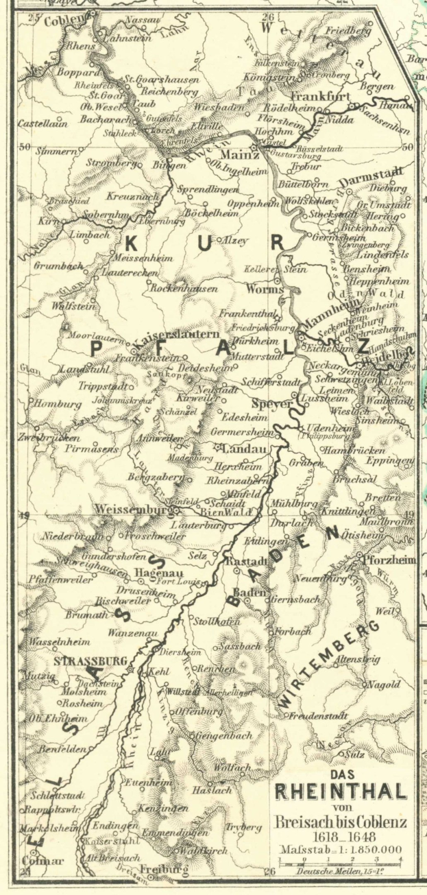 Alte detaillierte Karte des Rheins in Deutschland mit Text oben und unten, die Flüsse, Städte und geografische Merkmale zeigt.