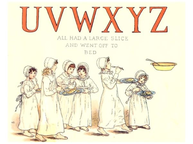 Eine Gruppe von Menschen hält Teller mit Essen, eine Schüssel und Löffel auf der rechten Seite, mit dem Text "Uwxyz - Alle hatten ein großes Stück und gingen ins Bett" oben.