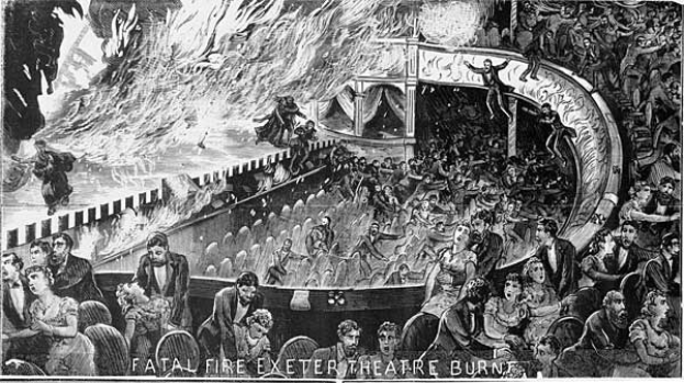 Schwarz-Weiß-Illustration Eines Panischen Publikums In Einem Brennenden Theater, Mit 'Tödlicher Brand Exeter Theater' Unten.