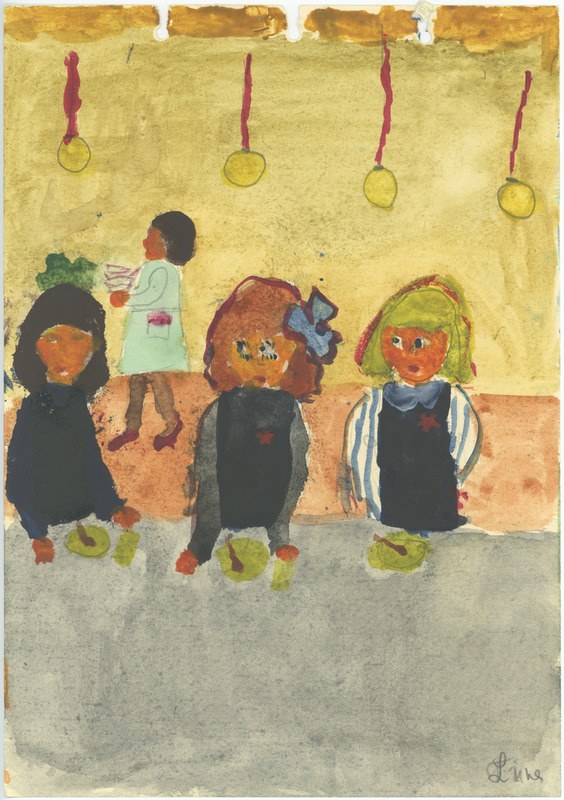 Gemälde von drei Kindern in festlicher Kleidung, die auf einer Bank sitzen und vor einer Wand mit Weihnachtsornamenten und bunten Orchideen löcheln.