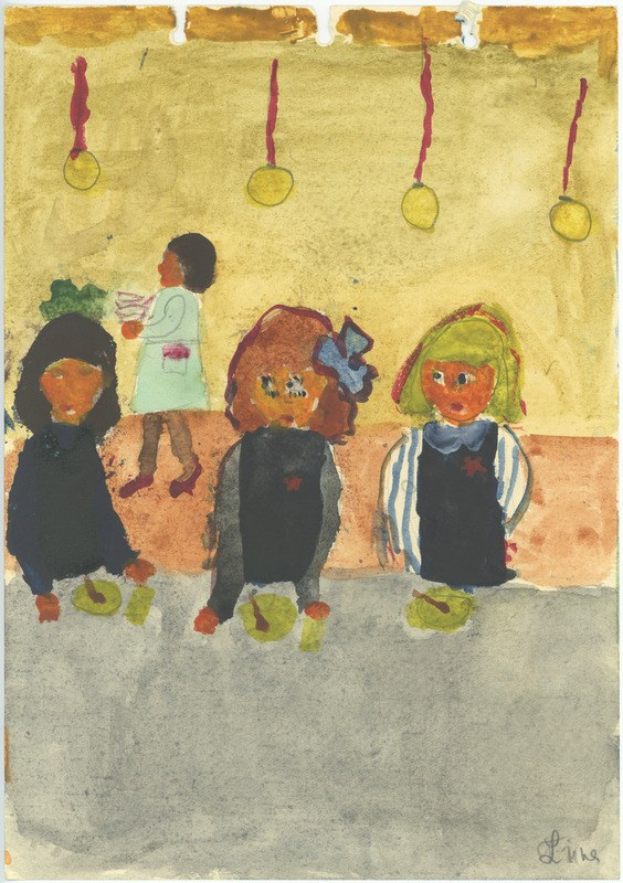 Gemälde von drei Kindern in festlicher Kleidung, die auf einer Bank sitzen und vor einer Wand mit Weihnachtsornamenten und bunten Orchideen löcheln.