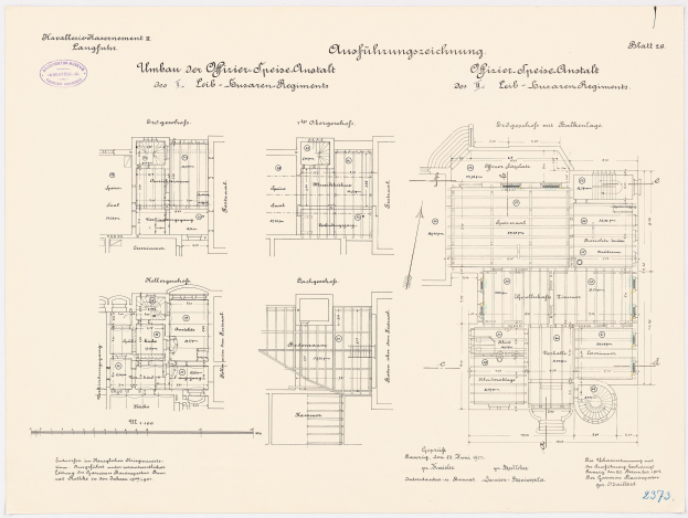 Schwarz-weißer architektonischer Grundriss des ehemaligen deutschen Kanzleramts, der detaillierte Layout-Plan mit Text und Zeichnungen zeigt.
