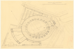 Schwarz-weißes Architekturzeichnung eines Stadiongrundrisses mit umgebenen Gebäuden und handschriftlichen Textanmerkungen.