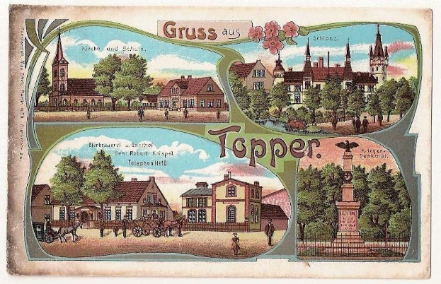 Alte Ansichtskarte mit einer deutschen Stadt mit Gebäuden, Bäumen, Menschen, Karren, einer Statue, einem Zaun und einem bewölkten Himmel, mit handgeschriebener Text auf der Vorderseite.