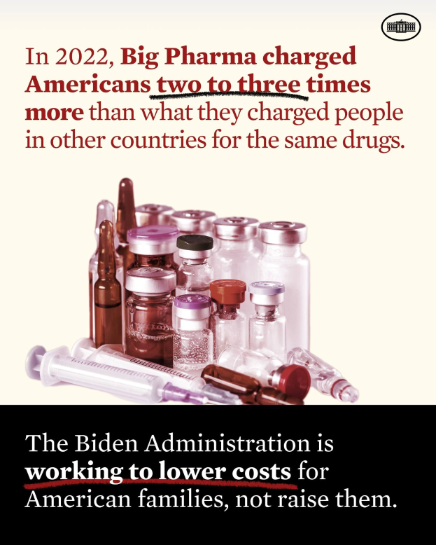 Ein Plakat, das zeigt, dass Big Pharma 2022 Americans zwei bis drei Mal so viel für die gleichen Medikamente berechnet hat wie in anderen Ländern, mit ein paar Flaschen und einer Spritze darunter.