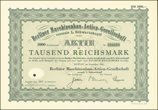 Altes deutsches Aktienzertifikat mit schwarzem und grünem Rand, das gedruckten Text enthält, der die Ausgabe durch die Regierung angibt.