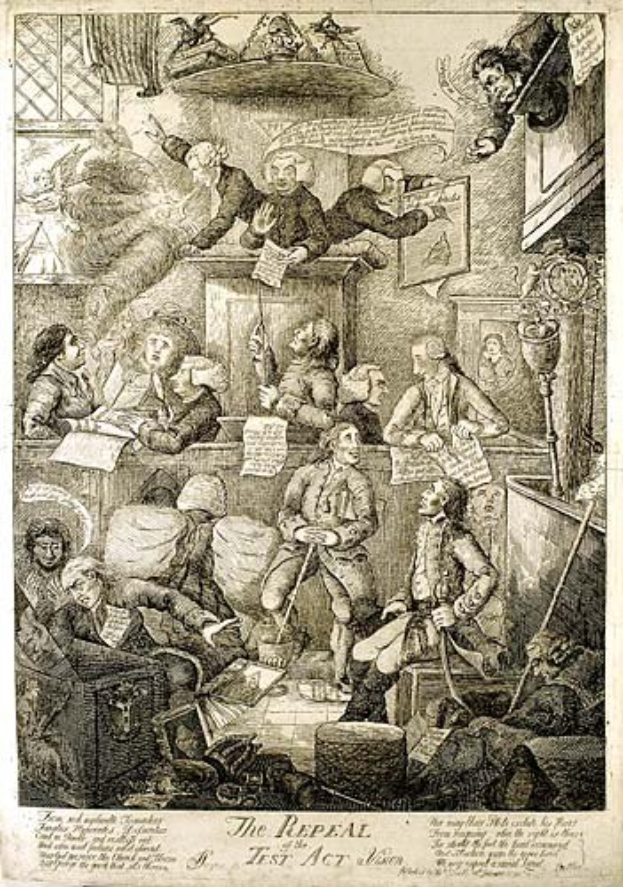 Gravur von Menschen, die um einen Tisch sitzen, einige halten Papiere mit der Inschrift "Der Widerruf des Test Act"