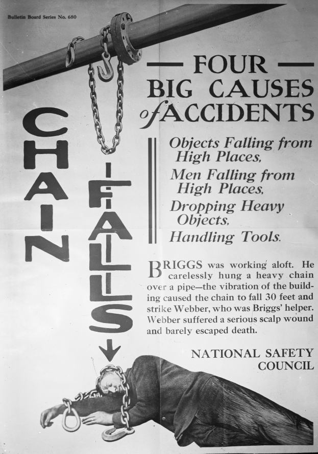 Ein schwarzes und weißes Plakat mit einer Person auf einer Stange liegend und Ketten daran befestigt, mit der Aufschrift "Vier große Unfallursachen".