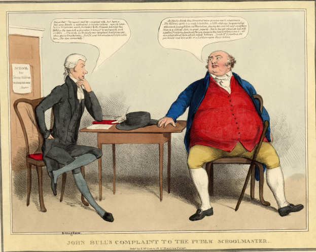 John Bull sitzt einem sitzenden Figurem gegenüber an einem Tisch mit einem Hut und Papieren in einem Raum mit einer Tür und einem Papier an der Wand.