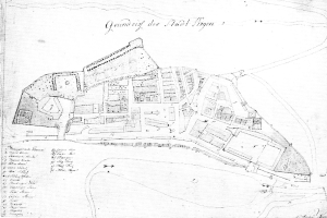 Schwarz-weiß-Karte der Stadt Sigra, Deutschland, zeigt eine dichte Bebauung mit detaillierten Textangaben.