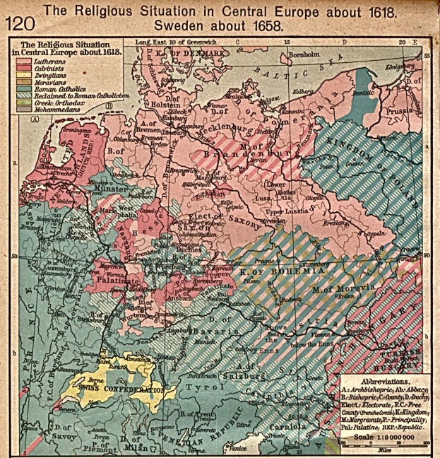 Eine historische Landkarte Mitteleuropas aus dem Jahr 1618, die das religiöse Landschaftsbild der Region mit detaillierten Textanmerkungen zeigt.