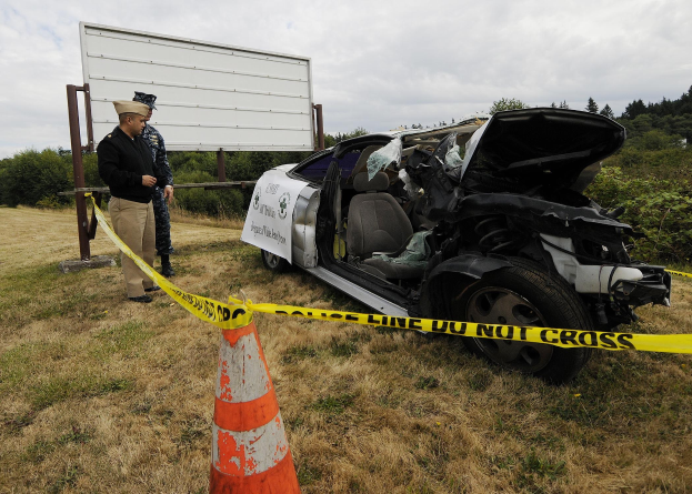 Polizeibeamter in Uniform inspiziert ein schwer beschädigtes Auto mit eingedellter Haube und zersplitterten Fenstern am Straßenrand, mit einem Verkehrskegel und Band in der Nähe gegen einen bewölkten Himmel.