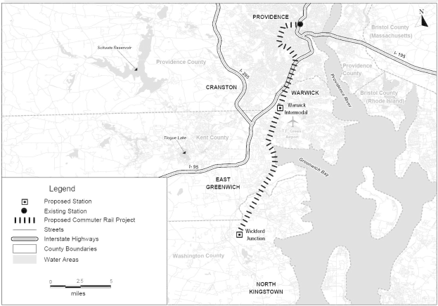 Schwarz-weiß Stadtplan mit einem Fluss, beschriftet mit "Vorgeschlagenes S-Bahn-Projekt" auf der linken Seite, zeigt Straßen, Autobahnen und Stadtmerkmale.