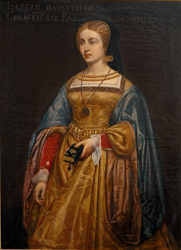 Gemälde von Isabella daustriche von Christierne Roy, das eine Frau in einem goldenen Kleid mit detaillierten Verzierungen zeigt, deren Haar zu einem Knoten gebunden ist und die ruhig und majestätisch aussieht.