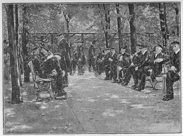 Schwarz-weiß-Fotografie von Menschen, die auf Parkbänken sitzen, mit Bäumen und einer Hütte im Hintergrund, mit Text unten: "The New York Public Library, New York City, New Jersey, USA."