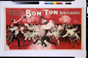 Ein Plakat mit der Aufschrift "Bon-Ton Burlesquers - 365 Tage Vor Allen" zeigt eine Gruppe von Menschen in bunten Kostümen, die fröhlich tanzen.