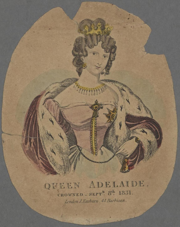 Porträt der Queen Adelaide, gekrönt am 8. September 1831, tragend ein königliches Kleid und eine Krone, mit Text auf dem Papier darunter.