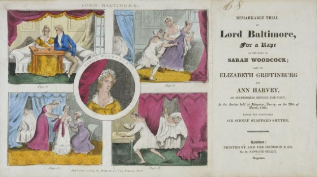 Illustration einer historischen Gerichtsszene, die den Prozess gegen Lord Baltimore wegen angeblicher Vergewaltigung zeigt, einschließlich eines Papiers mit Porträts, Vorhängen und Text.