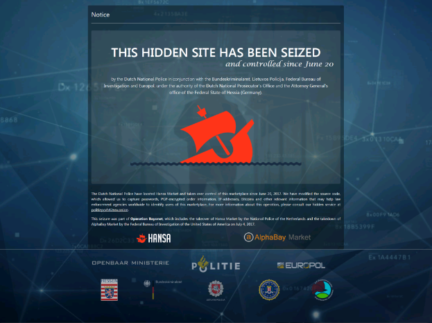 Ein Computerbildschirm mit einer Beschlagnahmungsmitteilung, auf der in fetter, schwarzer Schrift der Text 'Diese verdeckte Website wurde beschlagnahmt' steht und ein weißer Rand sowie das Logo der niederländischen Polizei, ein Schild mit einem blauen Hintergrund und einem weißen Stern in der Mitte.