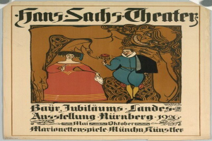 Plakat für das Hans-Sachs-Theater in München mit einem förmlich gekleideten Mann und einer Frau nebeneinander vor einem tiefblauen Hintergrund mit Sternen