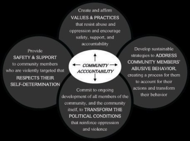 Ein Diagramm mit der Bezeichnung "Gemeinschaftliche Rechenschaftspflicht" mit einem zentralen Kreis, der durch Pfeile mit drei sich überschneidenden Kreisen verbunden ist, alles in fetter Schrift und leuchtenden Farben.