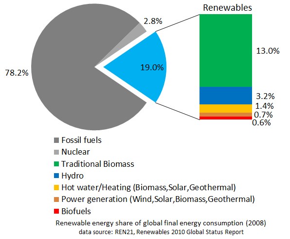 Tortendiagramm zur globalen erneuerbaren Energieversorgung im Jahr 2008 mit Abschnitten für fossile Brennstoffe, Kernenergie, Wasserkraft, Warmwasser, Heizung, Biomasse, Solarenergie, Geothermie und Biokraftstoffe.