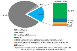 Tortendiagramm zur globalen erneuerbaren Energieversorgung im Jahr 2008 mit Abschnitten für fossile Brennstoffe, Kernenergie, Wasserkraft, Warmwasser, Heizung, Biomasse, Solarenergie, Geothermie und Biokraftstoffe.