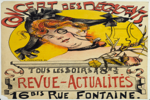 Ein Plakat, das ein Konzert der Decadents ankündigt, mit einer Frau mit menschlichem Gesicht und Text über das Ereignis.