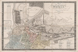 Ausführliche alte Karte von Weimar, Deutschland, mit Straßen, Gebäuden und Sehenswürdigkeiten sowie zusätzlichem Text über die Stadt.