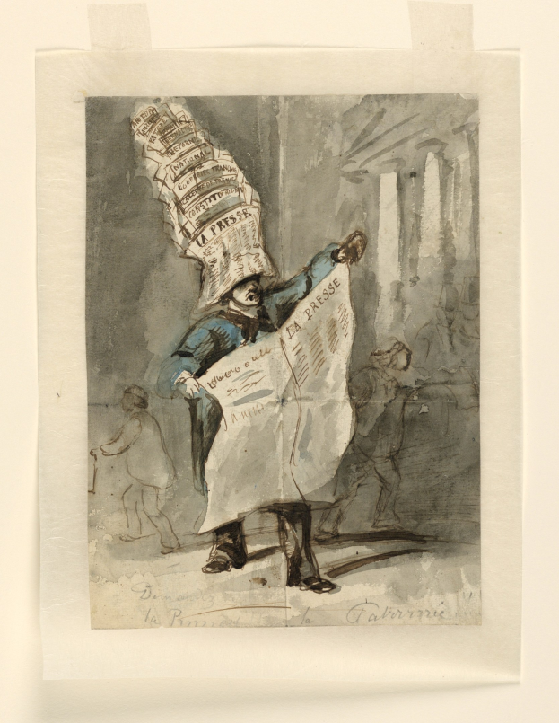 Mann mit Zeitung auf dem Kopf, mit Hut und entschlossener Miene vor einer Gruppe erwartungsvoller Menschen