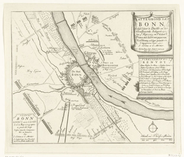 Ausführliche alte Karte von Bonn, Frankreich, zeigt Straßen, Gebäude, Sehenswürdigkeiten und begleitenden Text mit zusätzlichen Stadtinformationen.