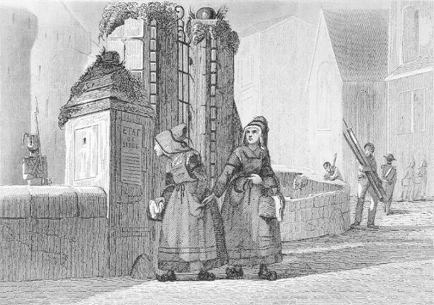 Schwarz-weiß-Gravur von zwei Frauen, die vor einem Gebäude mit einigen anderen Menschen im Hintergrund stehen, betitelt mit "Victorian Women in the City of London."