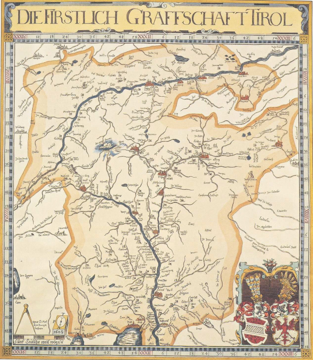 Ein detailliertes historisches Plakat der ersten Grafschaft Tirol mit einer Karte mit geografischen Merkmalen, Städten und begleitendem Text.